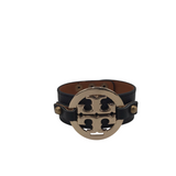 TORY BURCH LEATHER BAND LOGO BRACELET GOLDTONE BLACK