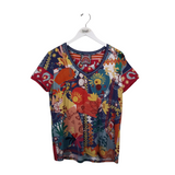 JOHNNY WAS WESTERN PRINT SHORT SLEEVE DESIGNER TOP YELLOW RED MEDIUM
