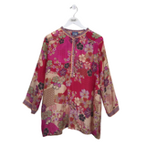 JOHNNY WAS SILK EMBROIDERED TRIM FLORAL LONG SLEEVE DESIGNER TOP PINK CREAM LARGE