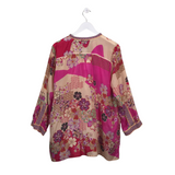 JOHNNY WAS SILK EMBROIDERED TRIM FLORAL LONG SLEEVE DESIGNER TOP PINK CREAM LARGE