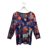 JOHNNY WAS FLORAL TEE 3/4 SLEEVE DESIGNER TOP INDIGO RED XLARGE