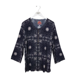JOHNNY WAS PRINT 3/4 SLEEVE DESIGNER TOP NAVY WHITE XLARGE