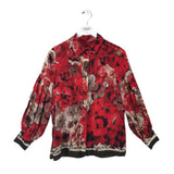 CAROLINA HERRERA 2PC BLOUSE/PANT FLORAL LONG SLEEVE WIDE LEG LUXE OUTFIT RED BLACK SMALL