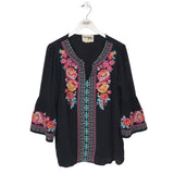SAVANNA JANE EMBROIDERED FLARE SLEEVE TOP BLACK MULTI MEDIUM