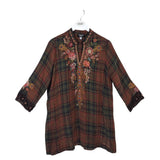 JOHNNY WAS EMBROIDERED PLAID LONG SLEEVE DESIGNER DRESS RUST MULTI MEDIUM