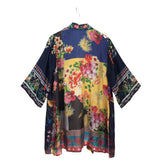 JOHNNY WAS SILK EMBROIDERED FLORAL DESIGNER KIMONO NAVY MULTI MEDIUM