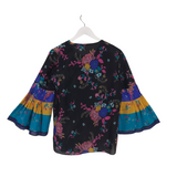 KOBI HALPERIN NWT$328 FLORAL FLARE SLEEVE DESIGNER BLOUSE BLACK MULTI SMALL