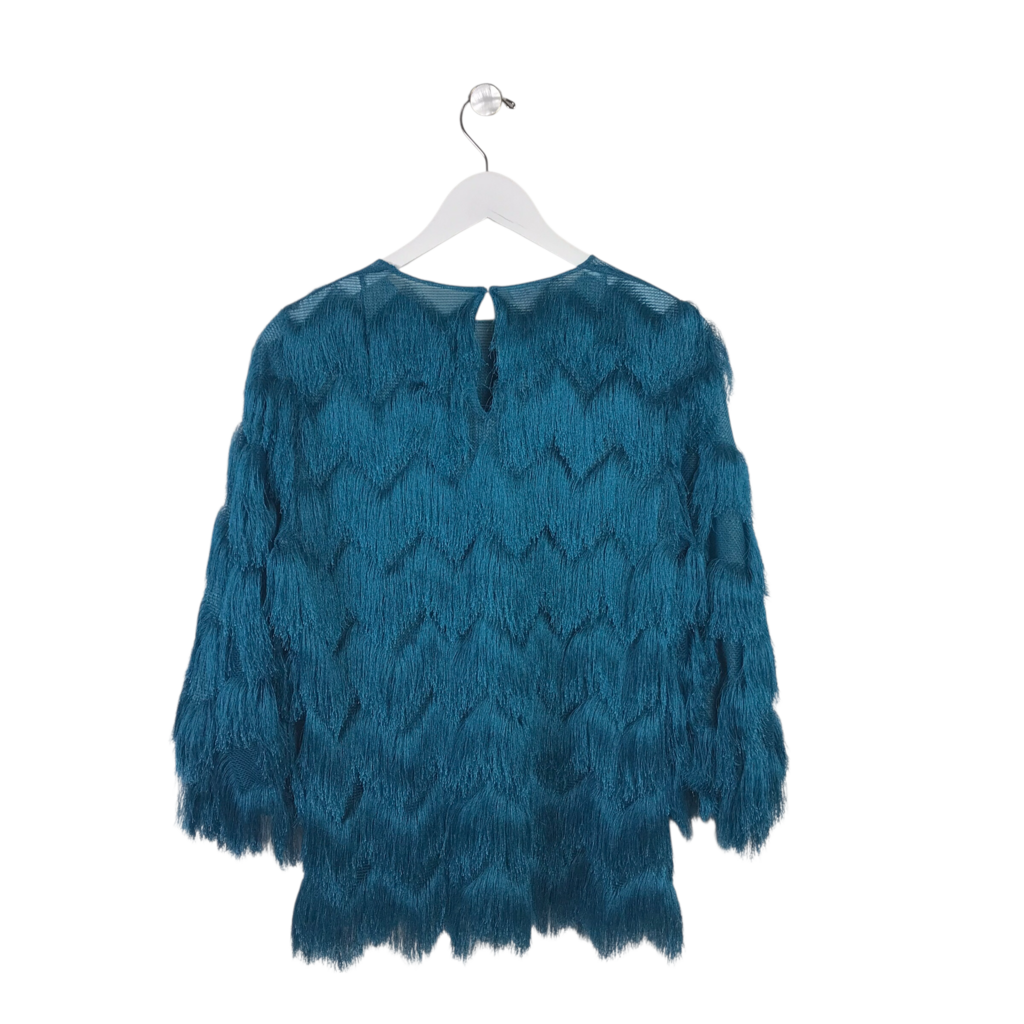 AKRIS PUNTO FRINGE 3/4 SLEEVE DESIGNER TOP TEAL 10
