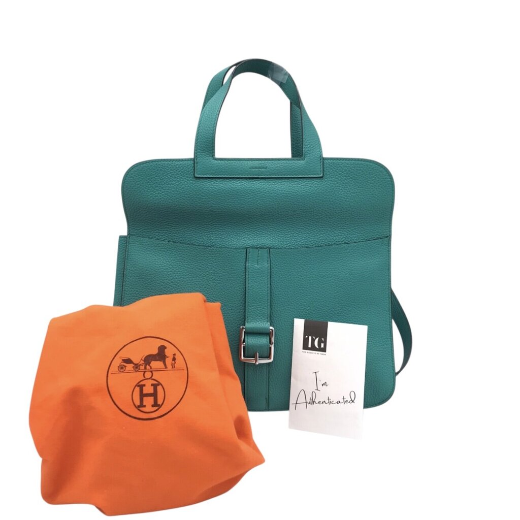 HERMES "HALZAN 31" TAURILLON CLEMENCE LEATHER LUXE HANDBAG TEAL 11”x8”x2.7”