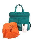 HERMES "HALZAN 31" TAURILLON CLEMENCE LEATHER LUXE HANDBAG TEAL 11”x8”x2.7”