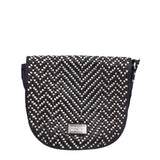 BADGLEY MISCHKA WOVEN SADDLE HANDBAG BLACK CREAM 14”x10”x1”