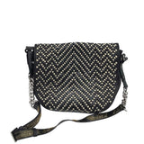 BADGLEY MISCHKA WOVEN SADDLE HANDBAG BLACK CREAM 14”x10”x1”