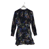 PARKER SILK FLORAL BEAD TRIM LONG SLEEVE DESIGNER DRESS BLACK MULTI SMALL