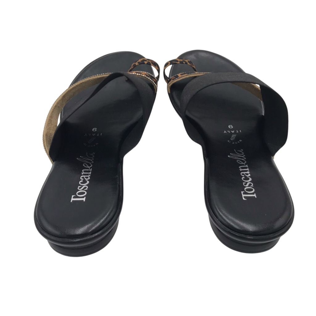 TOSCANELLA RHINESTONES SANDAL FLAT SHOES BLACK BROWN 6