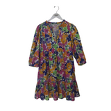 TYLER BOE 3/4 SLEEVE MINI DESIGNER DRESS YELLOW PURPLE MEDIUM