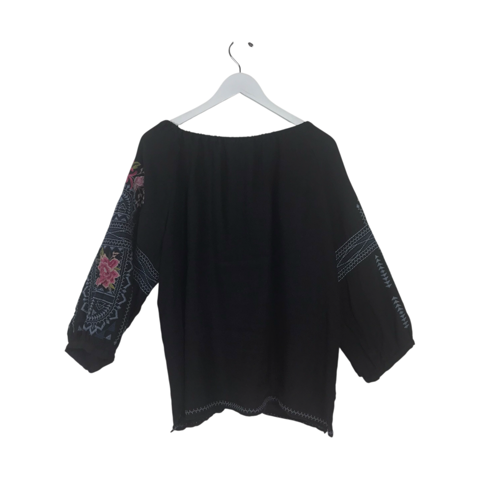JOHNNY WAS LINEN EMBROIDERED DESIGNER TOP BLACK MULTI XLARGE
