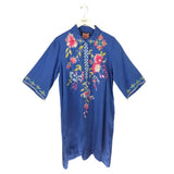 JOHNNY WAS EMBROIDERED LINEN MINI DESIGNER DRESS BLUE PINK MEDIUM