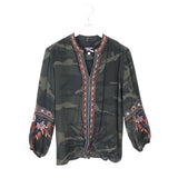 JOHNNY WAS CAMOO EMBROIDERED DESIGNER TOP GREEN ORANGE XSMALL