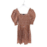 1 STATE SMOCKED PRINT PUFF SLEEVE DRESS RUST WHITE SMALL