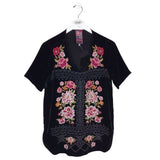 JOHNNY WAS VELOUR EMBROIDERED SHORT SLEEVE DESIGNER TOP BLACK PINK XSMALL