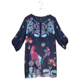 JADE BY JOHNNY WAS FLORAL 3/4 SLEEVE DESIGNER DRESS NAVY LAVENDER MEDIUM
