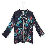 JOHNNY WAS SILK FLORAL EMBROIDERED TRIM LONG SLEEVE DESIGNER TOP BLACK MULTI SMALL