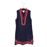 STS SAIL TO SABLE RET$190 LINEN RICKRACK TRIM SLEEVELESS DESIGNER DRESS NAVY CORAL NAVY CORAL