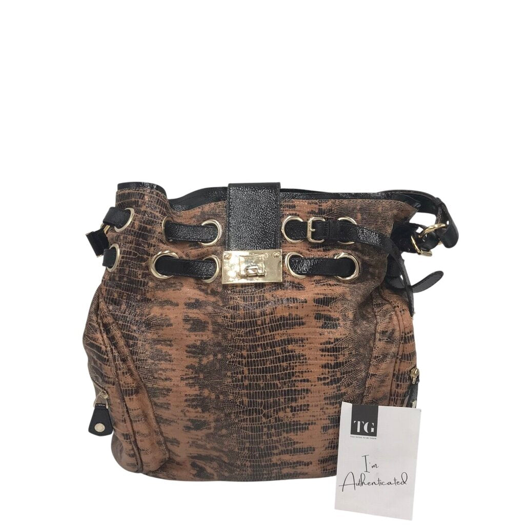 JIMMY CHOO "ROMONA" SAND LIZARD EMBOSSED LUXE HANDBAG BROWN