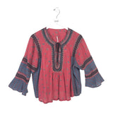 FREE PEOPLE 3/4 SLEEVE EMBROIDERED TOP RED BLACK SP