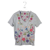 JOHNNY WAS EMBROIDERED TEE DESIGNER TOP GREY MULTI MEDIUM