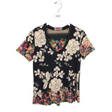 JOHNNY WAS TEE FLORAL SHORT SLEEVE DESIGNER TOP BLACK MULTI SMALL