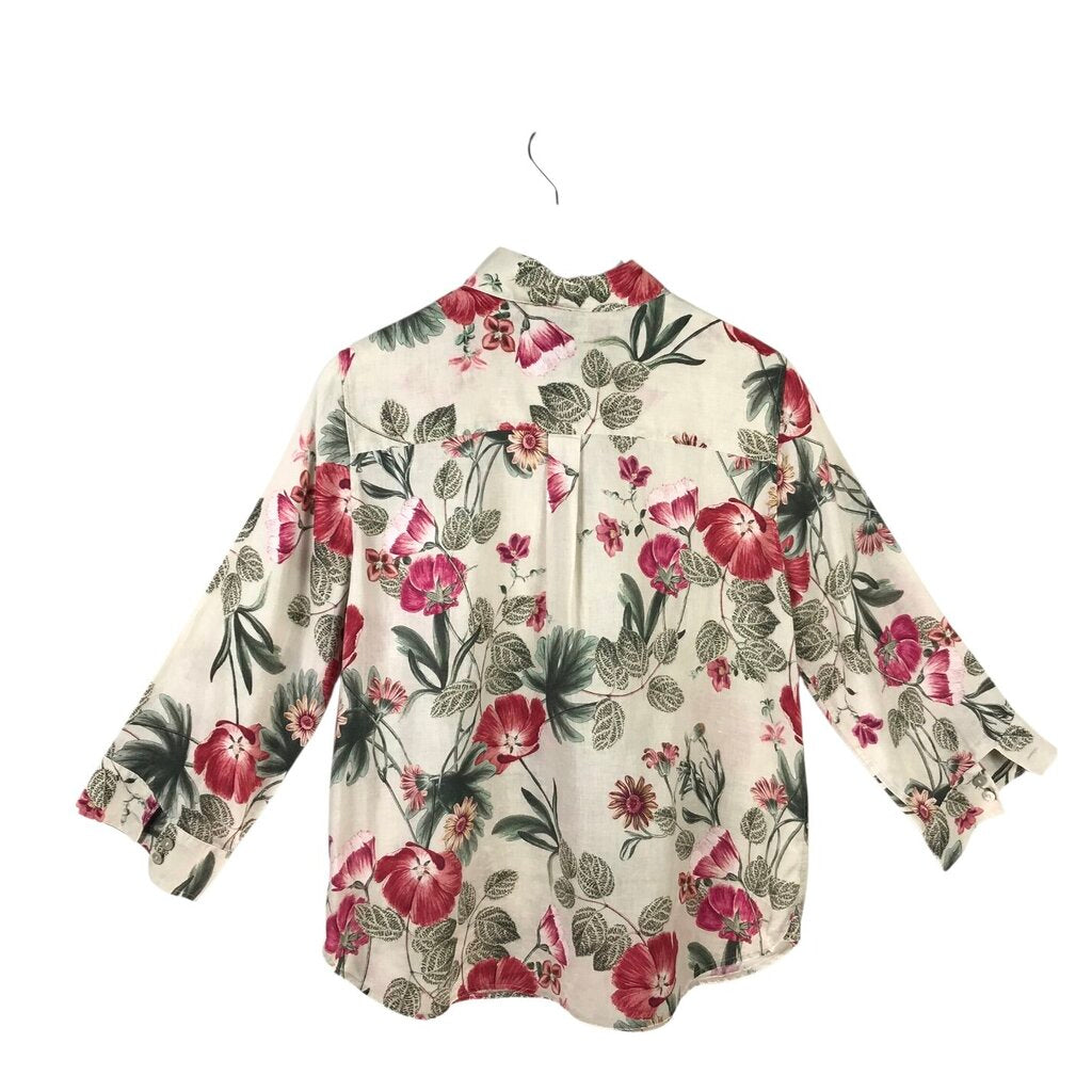CHICO'S LINEN LONG SLEEVE BLOUSE GREEN PINK 1.5