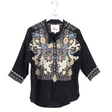 BIYA EMBROIDERED 3/4 SLEEVE DESIGNER TOP BLACK MULTI SMALL