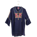 JOHNNY WAS LINEN EMBROIDERED FLARE SLEEVE DESIGNER DRESS NAVY MULT XLARGE