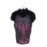 CUSTO SILK FAUX FUR SHORT SLEEVE DESIGNER TOP BLACK BROWN 3