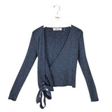 DIANE VON FURSTENBERG GLITTER WRAP LONG SLEEVE DESIGNER TOP BLUE MEDIUM