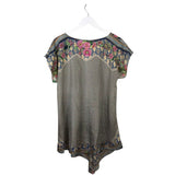 JOHNNY WAS SILK SHORT SLEEVE DESIGNER TOP PINK GREEN LARGE