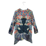 JOHNNY WAS 100% SILK LONG SLEEVE DESIGNER TOP BLUE CORAL MEDIUM