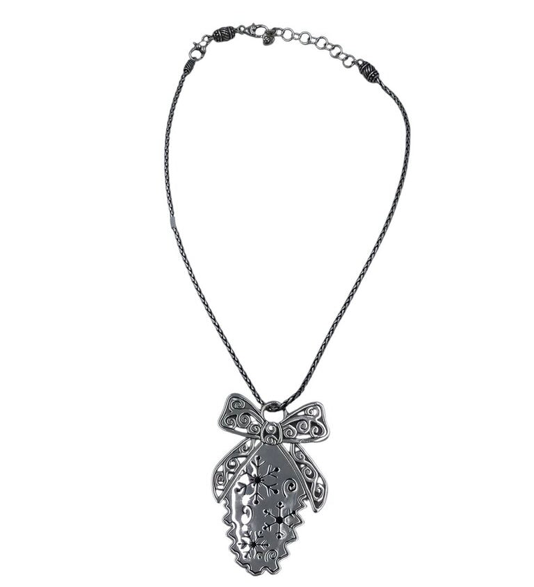 BRIGHTON BOW PINECONE PENDANT NECKLACE SILVERTONE