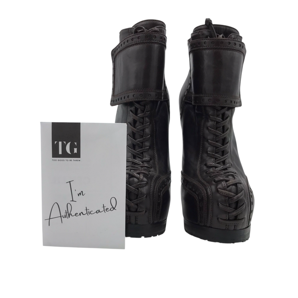 YSL TRIBTOO LEATHER LACE-UP ANKLE LUXE BOOTS BROWN 37.5