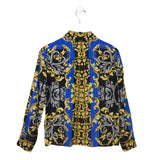 ALICE + OLIVIA SILK LONG SLEEVE DESIGNER BLOUSE BLUE YELLOW SMALL