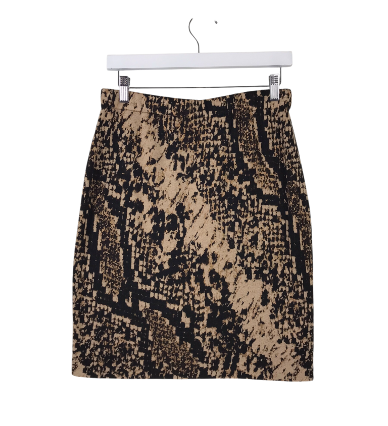ST JOHN COLLECTION KNIT PRINT PENCIL DESIGNER SKIRT TAN BLACK 6
