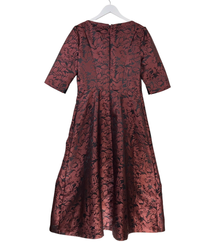 KAY UNGER NWT$418 JACQUARD SHORT SLEEVE MIDI DESIGNER DRESS BRICK BLACK 14