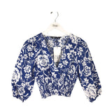 ZARA NWT$45 FLORAL3/4 SLEEVE TOP BLUE WHITE SMALL
