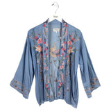 JOHNNY WAS CHAMBRAY EMBROIDERED DESIGNER CARDIGAN BLUE MULTI SMALL