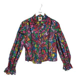FARM RIO FLORAL LONG SLEEVE DESIGNER BLOUSE BLACK MULTI SMALL