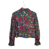 FARM RIO FLORAL LONG SLEEVE DESIGNER BLOUSE BLACK MULTI SMALL