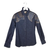 TOD'S LEATHER TRIM LONG SLEEVE DESIGNER BLOUSE NAVY BROWN SMALL