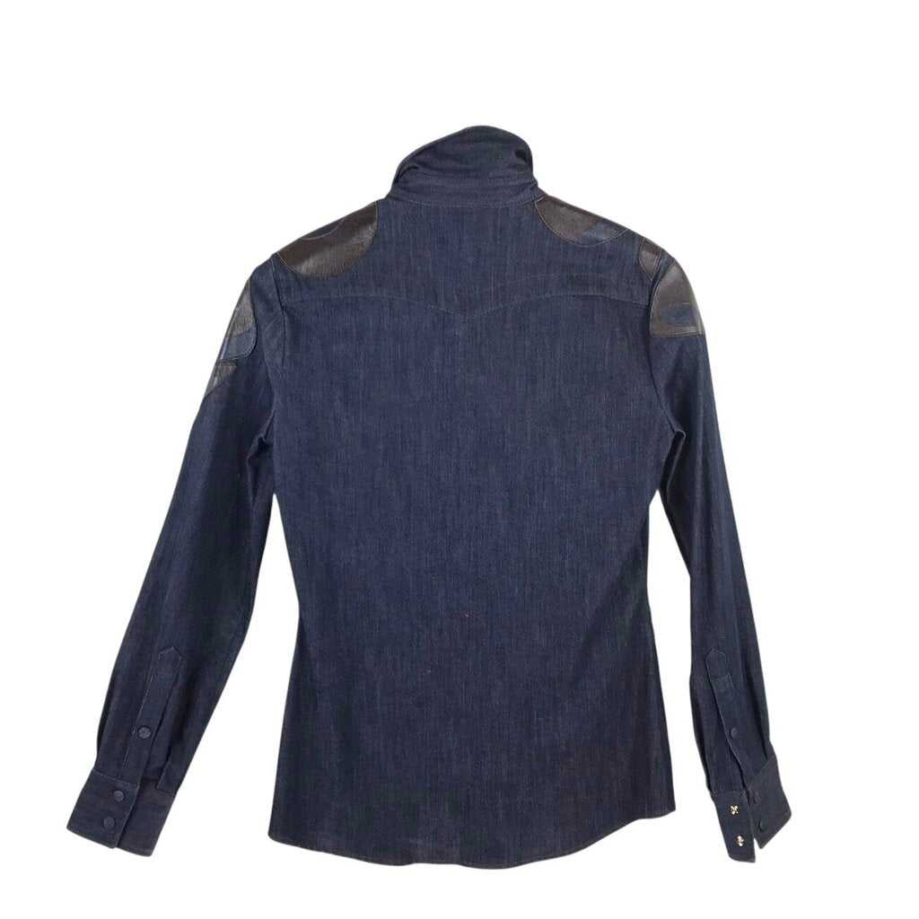 TOD'S LEATHER TRIM LONG SLEEVE DESIGNER BLOUSE NAVY BROWN SMALL