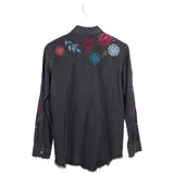 JOHNNY WAS EMBROIDERED LONG SLEEVE DESIGNER BLOUSE BLACK MAROON X SMALL